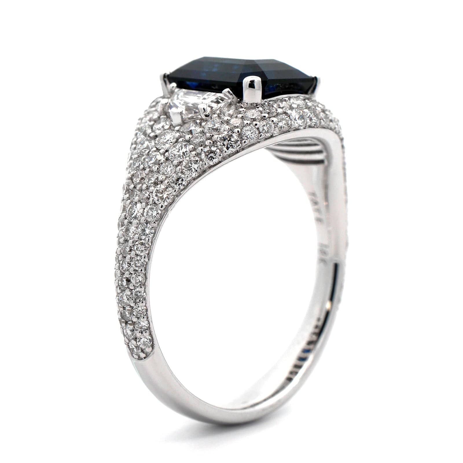 18K White Gold Emerald Cut Sapphire and Pave Diamond Ring