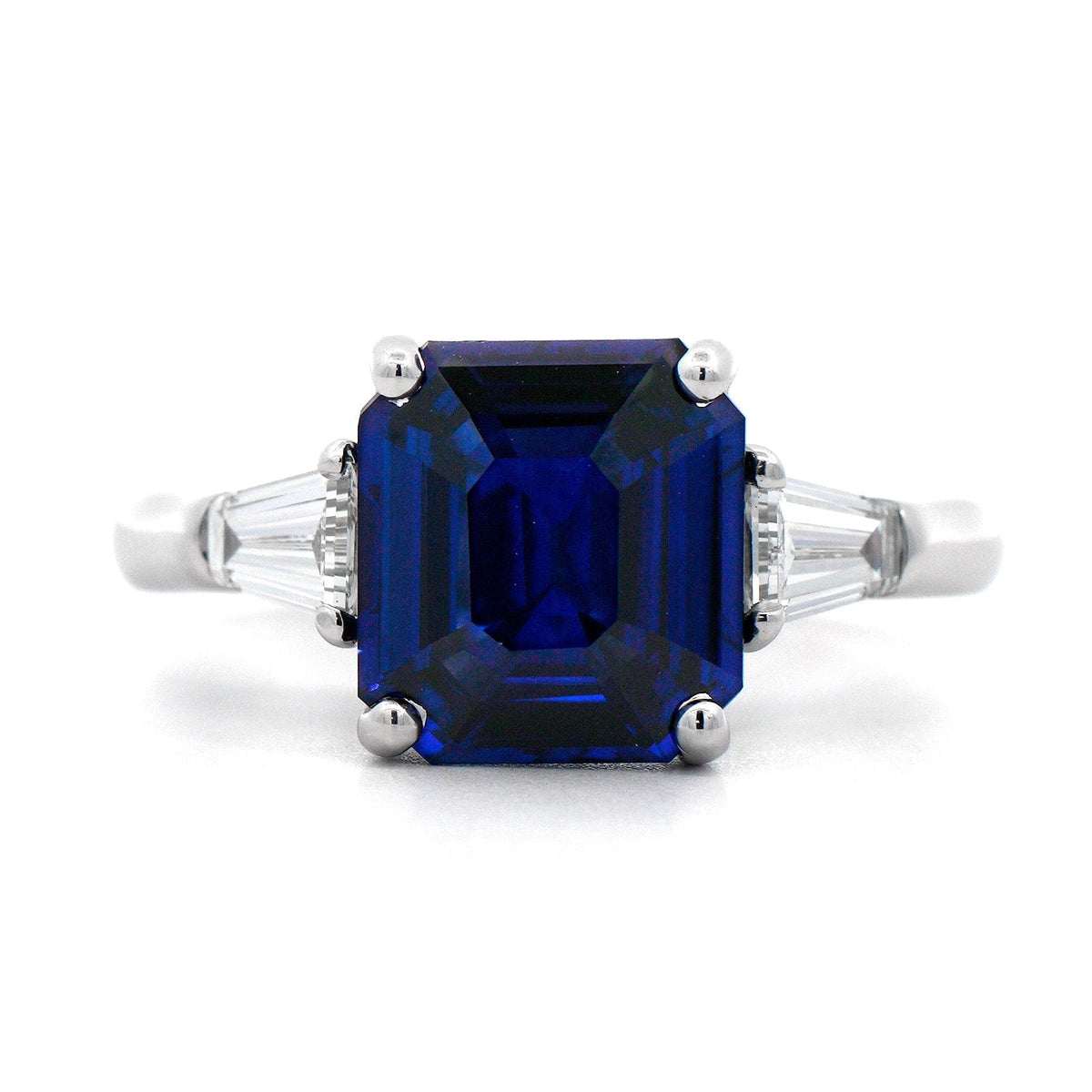 Platinum 3 Stone Emerald Cut Sapphire and Diamond Ring