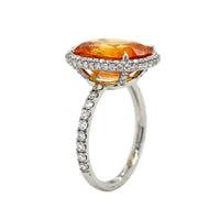 Platinum Cushion Cut Orange Sapphire and Diamond Halo Ring
