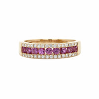 14K Yellow Gold 3 Row Pink Sapphire and Diamond Ring