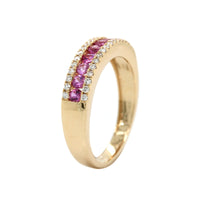 14K Yellow Gold 3 Row Pink Sapphire and Diamond Ring