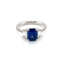 18K White Gold Emerald Cut Blue Sapphire and Diamond 3 Stone Ring
