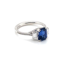 18K White Gold Emerald Cut Blue Sapphire and Diamond 3 Stone Ring