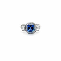18K White Gold Cushion Cut Blue Sapphire and Diamond 3 Stone Ring
