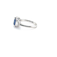 18K White Gold Cushion Cut Blue Sapphire and Diamond 3 Stone Ring