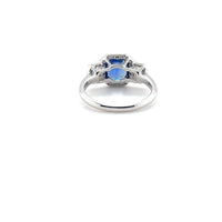 18K White Gold Cushion Cut Blue Sapphire and Diamond 3 Stone Ring