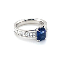 18K White Gold Emerald Cut Blue Sapphire and Diamond Ring