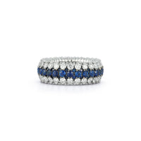 18K White Gold 3 Row Blue Sapphire and Diamond Stretch Ring