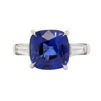 Platinum 3 Stone Cushion Cut Blue Sapphire and Baguette Diamond Ring