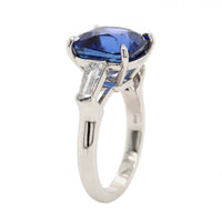 Platinum 3 Stone Cushion Cut Blue Sapphire and Baguette Diamond Ring