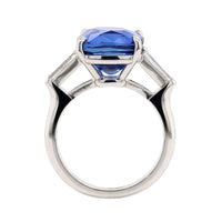 Platinum 3 Stone Cushion Cut Blue Sapphire and Baguette Diamond Ring
