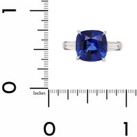 Platinum 3 Stone Cushion Cut Blue Sapphire and Baguette Diamond Ring