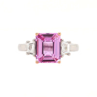 Platinum and 20K Rose Gold Three Stone Emerald Cut Sapphire and Diamond Ring
