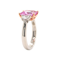 Platinum and 20K Rose Gold Three Stone Emerald Cut Sapphire and Diamond Ring