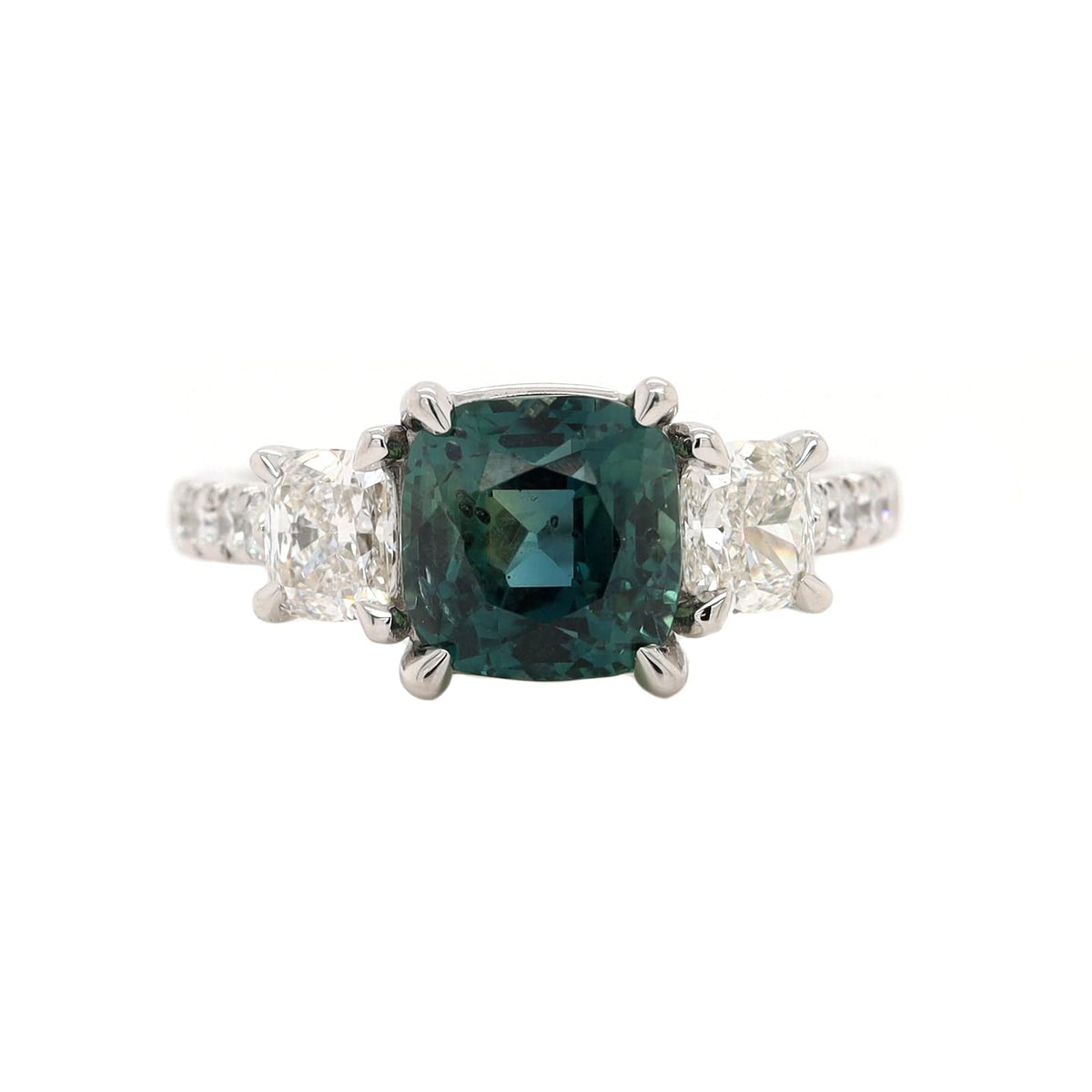 Platinum Three Stone Cushion Cut Sapphire and Diamond Ring