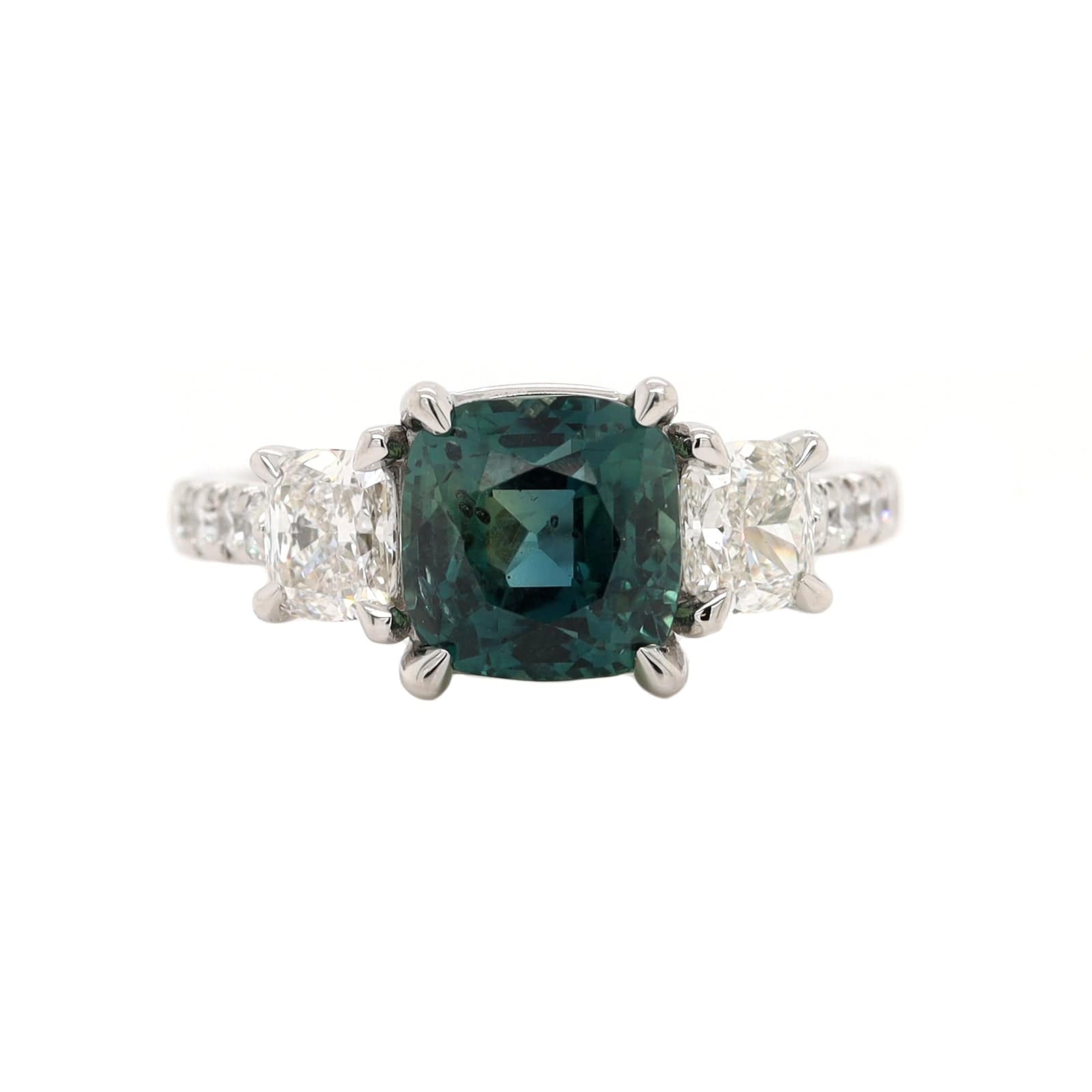 Platinum Three Stone Cushion Cut Sapphire and Diamond Ring