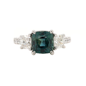 Platinum Three Stone Cushion Cut Sapphire and Diamond Ring