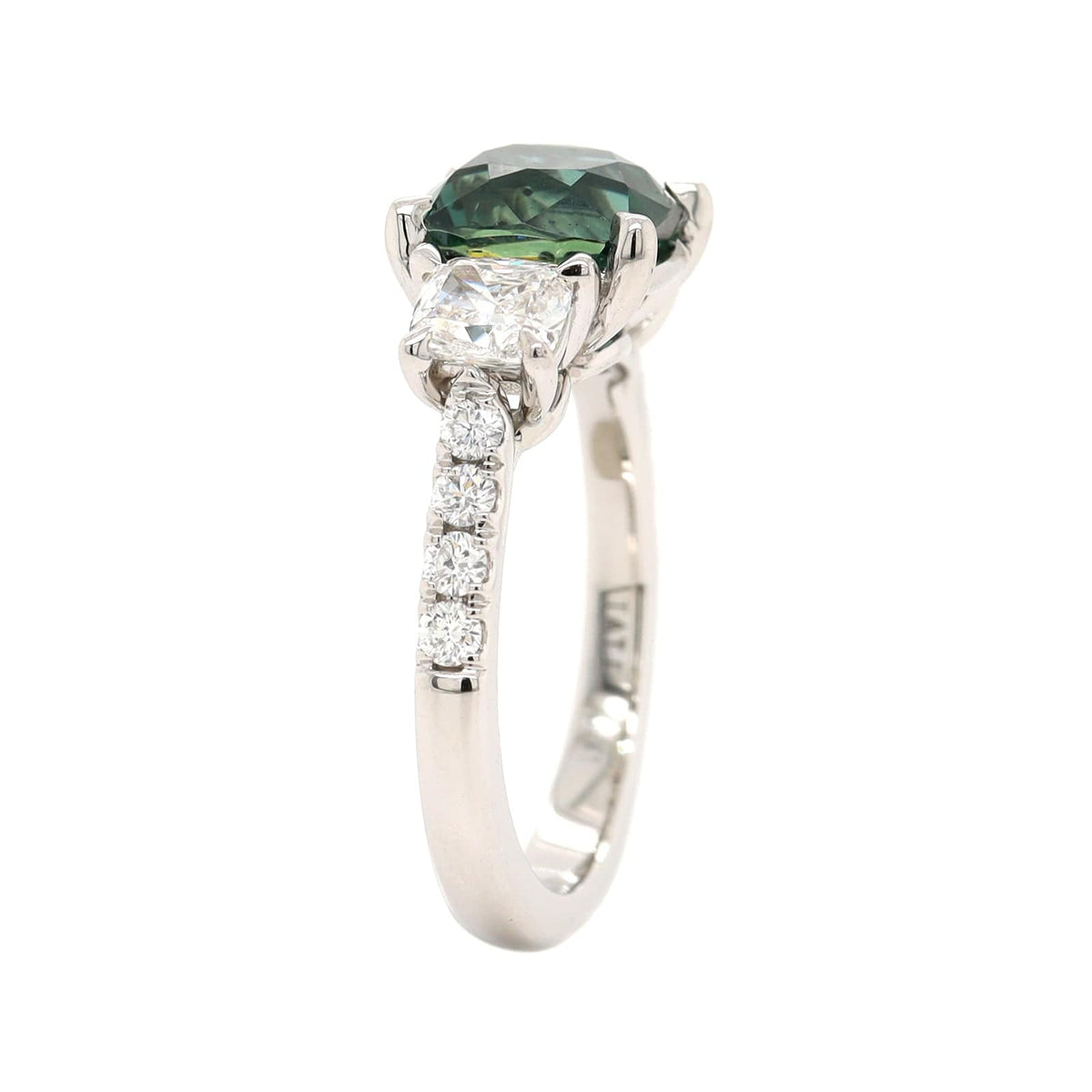 Platinum Three Stone Cushion Cut Sapphire and Diamond Ring