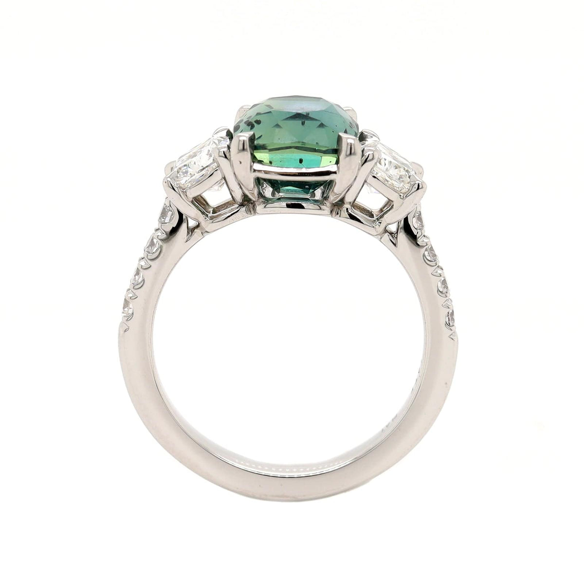 Platinum Three Stone Cushion Cut Sapphire and Diamond Ring