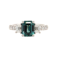 Platinum Three Stone Blue Green Emerald Cut Sapphire and Diamond Ring