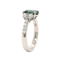 Platinum Three Stone Blue Green Emerald Cut Sapphire and Diamond Ring