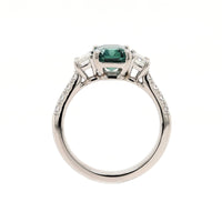 Platinum Three Stone Blue Green Emerald Cut Sapphire and Diamond Ring