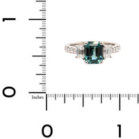 Platinum Three Stone Blue Green Emerald Cut Sapphire and Diamond Ring