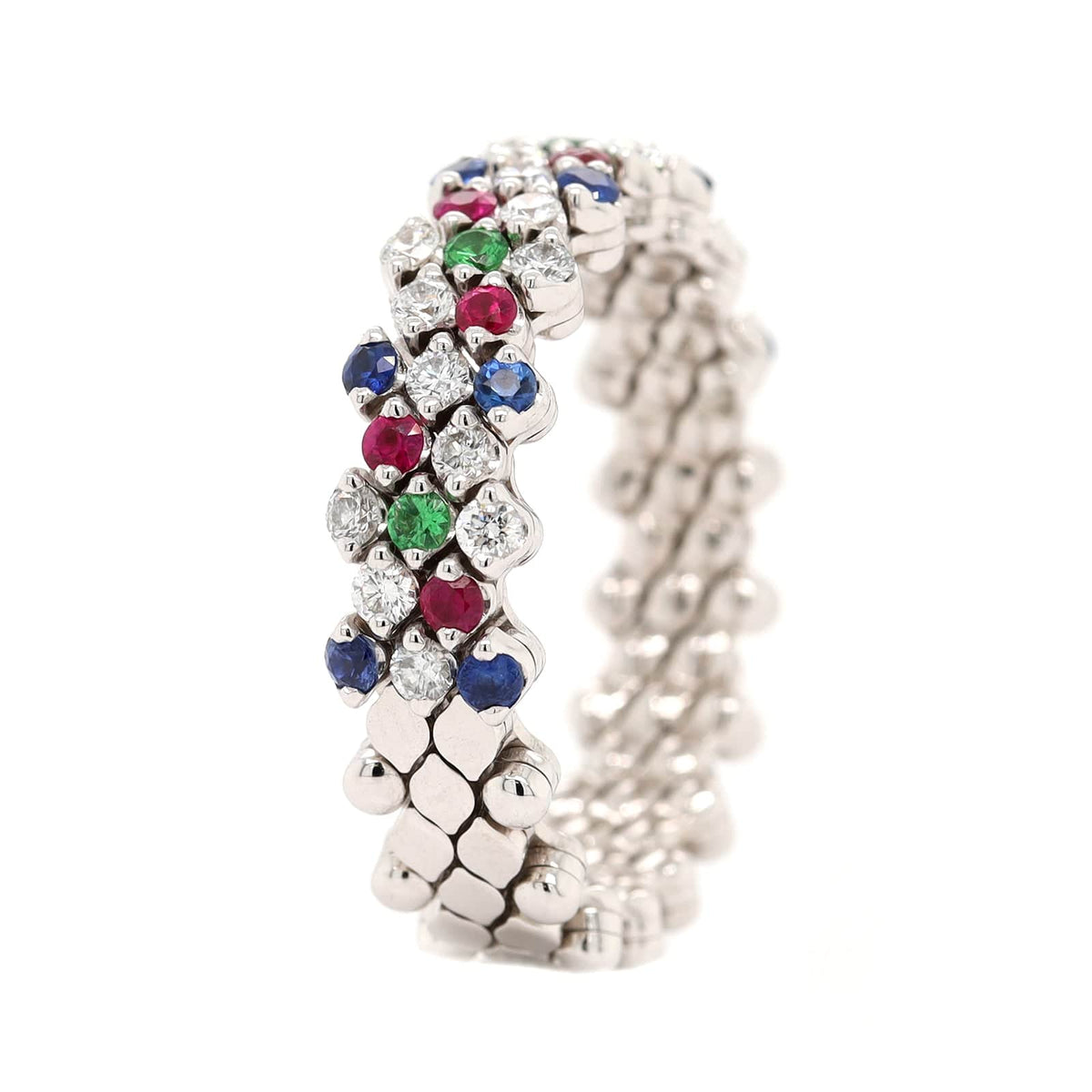 18K White Gold Adjustable Diamond and Multi Gemstone Ring
