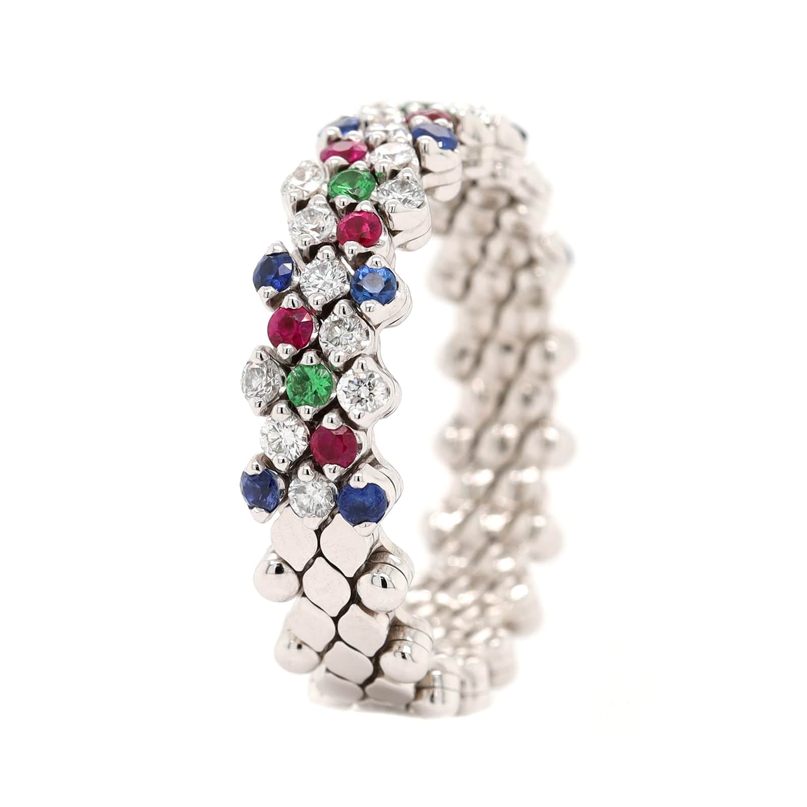 18K White Gold Adjustable Diamond and Multi Gemstone Ring