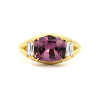 18K Yellow Gold Three Stone Cushion Cut Padparadscha and Diamond Ring
