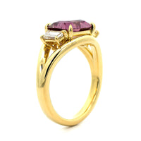 18K Yellow Gold Three Stone Cushion Cut Padparadscha and Diamond Ring