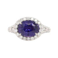Platinum Oval Purple Sapphire and Diamond Halo Ring