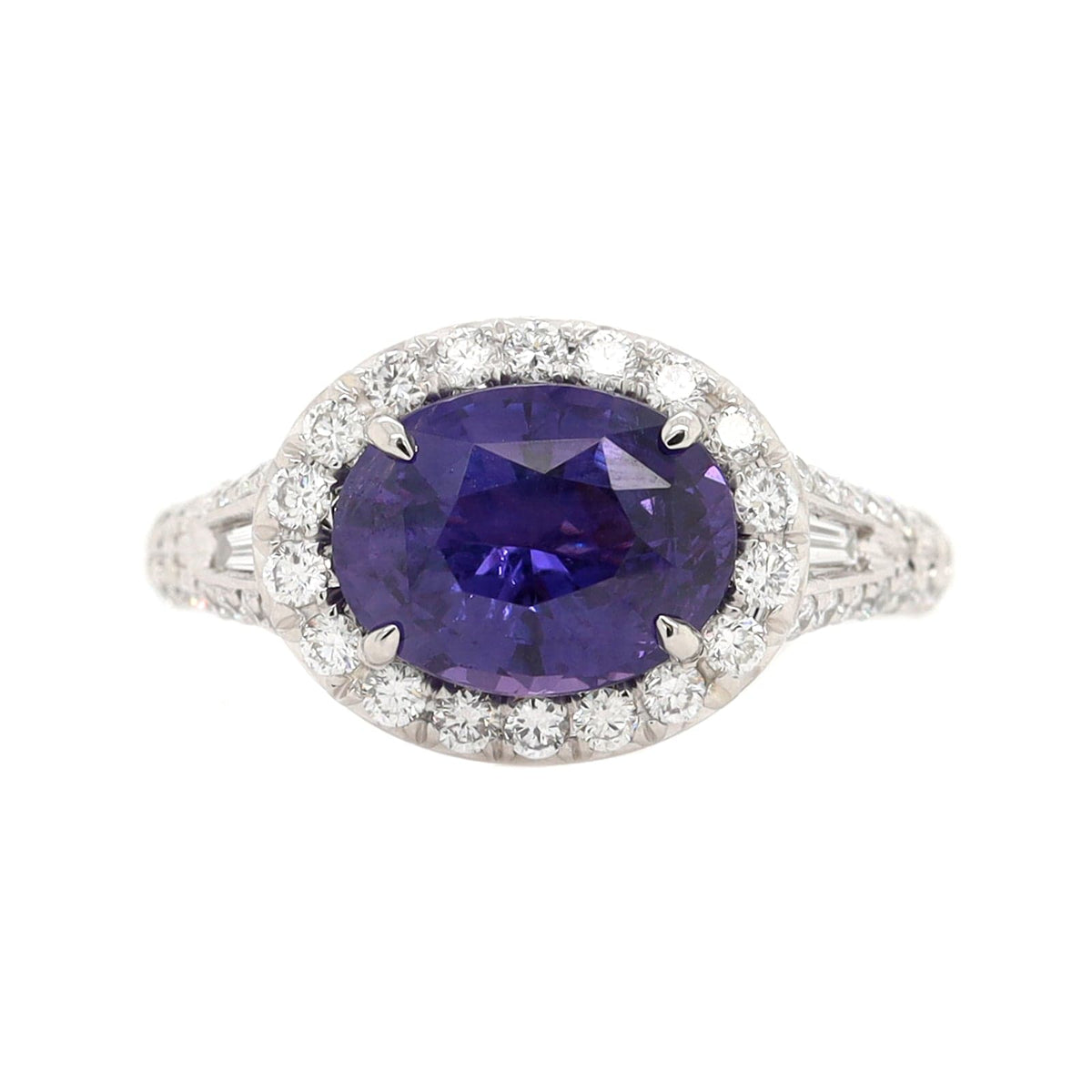 Platinum Oval Purple Sapphire and Diamond Halo Ring