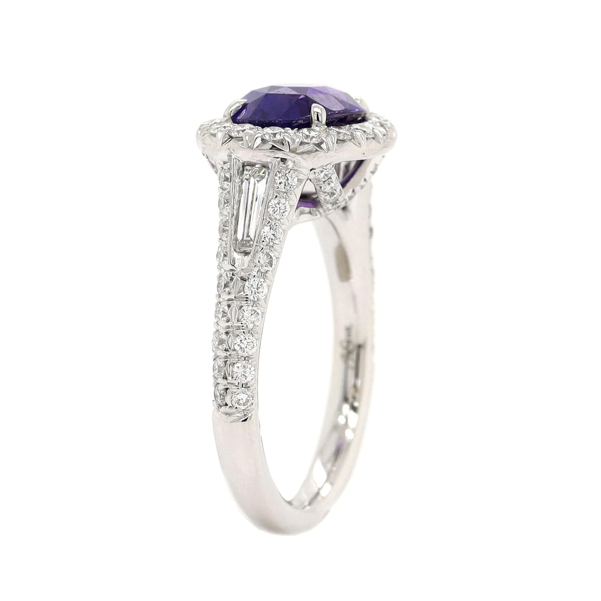 Platinum Oval Purple Sapphire and Diamond Halo Ring