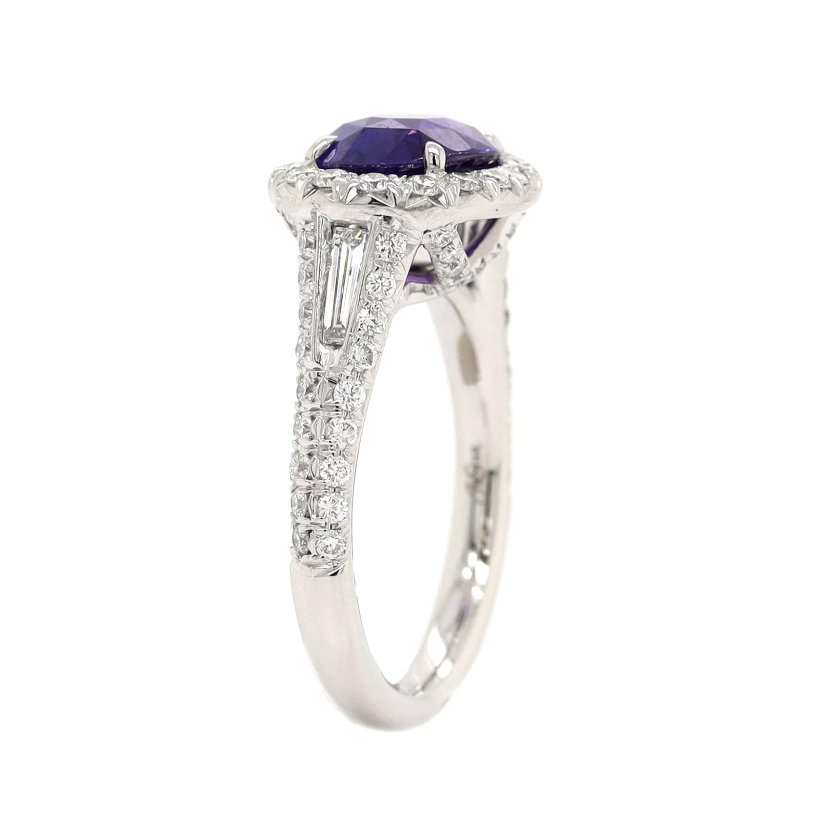 Platinum Oval Purple Sapphire and Diamond Halo Ring