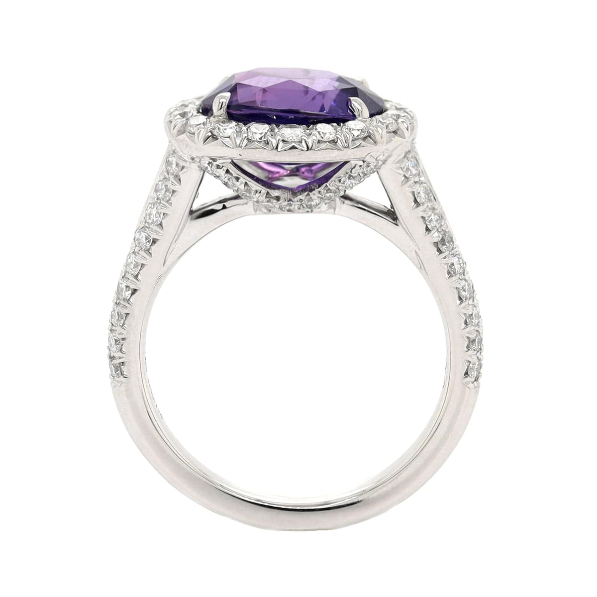 Platinum Oval Purple Sapphire and Diamond Halo Ring