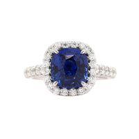 Platinum Cushion Cut Blue Sapphire and Diamond Halo Ring