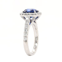 Platinum Cushion Cut Blue Sapphire and Diamond Halo Ring