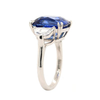 Platinum 3 Stone Cushion Cut Blue Sapphire and Diamond Ring
