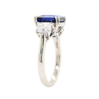 Platinum 3 Stone Square Emerald Cut Blue Sapphire and Diamond Ring