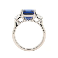 Platinum 3 Stone Square Emerald Cut Blue Sapphire and Diamond Ring