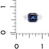 Platinum 3 Stone Square Emerald Cut Blue Sapphire and Diamond Ring