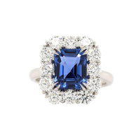 Platinum Emerald Cut Blue Sapphire and Diamond Halo Ring