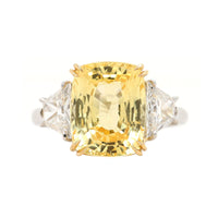 Platinum and 18K Yellow Gold 3 Stone Cushion Cut Yellow Sapphire and Diamond Ring
