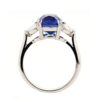 Platinum Cushion Cut Sapphire and Diamond Three Stone Ring