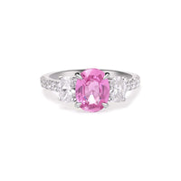 18K White Gold Oval Pink Sapphire and Diamond 3 Stone Ring