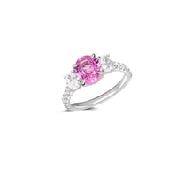 18K White Gold Oval Pink Sapphire and Diamond 3 Stone Ring