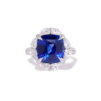 18K White Gold Cushion Cut Blue Sapphire and Diamond Ring