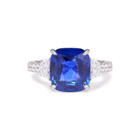 18K White Gold Cushion Cut Blue Sapphire and Diamond Three Stone Ring