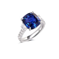18K White Gold Cushion Cut Blue Sapphire and Diamond Three Stone Ring